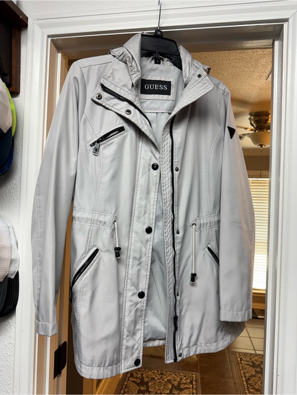 GUESS Light Gray Utility Jacket with Hood and Zip Details